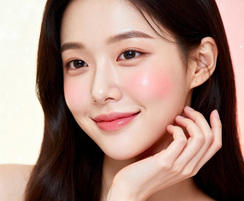 턱에 손을 댄 긴 머리 여성 모델이 웃는 모습(볼 홍조) — 절개 쌍꺼풀 대표 사진