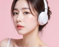 흰 헤드폰을 쓴 여성 모델(분홍 바탕) — 도이준TV 배너의 사진 부분