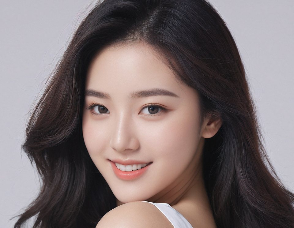 어깨 너머로 웃는 긴 웨이브 머리 여성 모델(흰 민소매) — 연보라 회색 바탕
