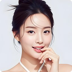 셀피 후기 사진 — 웃으며 손가락을 입술에 댄 올림머리 여성