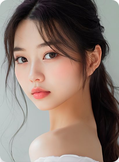 긴 머리를 묶은 여성 모델 옆얼굴 — 수술 과목 카드(팔뚝 지방흡입)