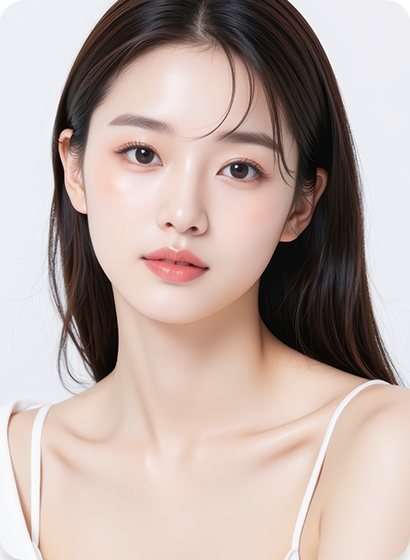 긴 머리 여성 모델 정면(흰 끈 민소매) — 수술 과목 카드(얼굴 지방흡입)