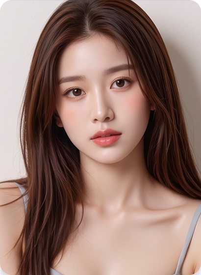 갈색 긴 생머리 여성 모델 정면 — 수술 과목 카드(등 지방흡입)