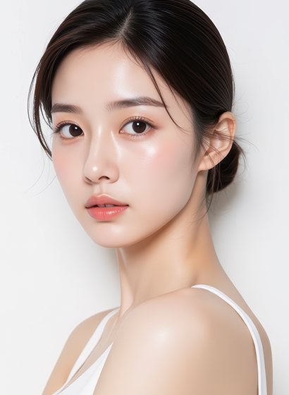 올림머리 여성 모델 정면에 가까운 옆얼굴 — 수술 과목 카드(필러)