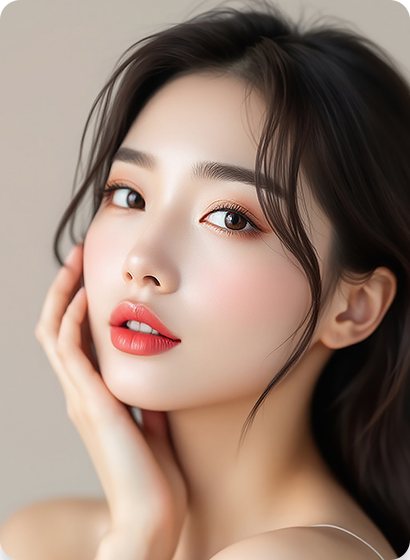 볼에 손을 댄 긴 머리 여성 모델 — 수술 과목 카드(스킨부스터)